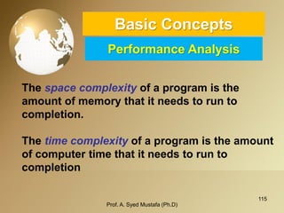 115 
Basic ConceptsPerformance Analysis 
Prof. A. Syed Mustafa (Ph.D) 
The space complexity of a program is the amount of memory that it needs to run to completion. 
The time complexity of a program is the amount of computer time that it needs to run to completion  