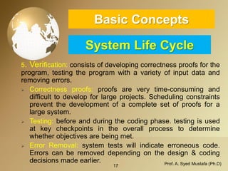 17 Prof. A. Syed Mustafa (Ph.D) 
Basic ConceptsSystem Life Cycle 
5.Verification:consistsofdevelopingcorrectnessproofsfortheprogram,testingtheprogramwithavarietyofinputdataandremovingerrors. 
Correctnessproofs:proofsareverytime-consuminganddifficulttodevelopforlargeprojects.Schedulingconstraintspreventthedevelopmentofacompletesetofproofsforalargesystem. 
Testing:beforeandduringthecodingphase.testingisusedatkeycheckpointsintheoverallprocesstodeterminewhetherobjectivesarebeingmet. 
ErrorRemoval:systemtestswillindicateerroneouscode. Errorscanberemoveddependingonthedesign&codingdecisionsmadeearlier.  