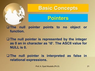 21 
Basic ConceptsPointers 
Thenullpointerpointstonoobjectorfunction. 
Thenullpointerisrepresentedbytheintegeras0anincharacteras‘0’.TheASCIIvalueforNULLis0. 
Thenullpointerisinterpretedasfalseinrelationalexpressions. 
Prof. A. Syed Mustafa (Ph.D) 
 