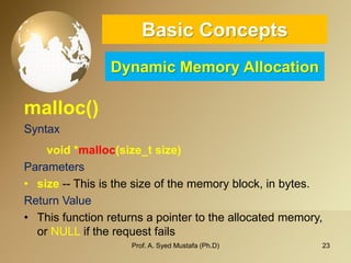 23 
Basic ConceptsDynamic Memory Allocation 
malloc() 
Syntax 
void *malloc(size_tsize) 
Parameters 
•size--This is the size of the memory block, in bytes. 
Return Value 
•This function returns a pointer to the allocated memory, or NULLif the request fails 
Prof. A. Syed Mustafa (Ph.D) 
 