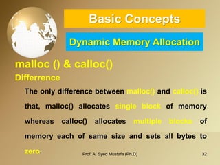 32 
Basic ConceptsDynamic Memory Allocation 
malloc() & calloc() 
Differrence 
Theonlydifferencebetweenmalloc()andcalloc()isthat,malloc()allocatessingleblockofmemorywhereascalloc()allocatesmultipleblocksofmemoryeachofsamesizeandsetsallbytestozero. Prof. A. Syed Mustafa (Ph.D) 
 