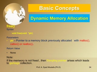 34 
Basic ConceptsDynamic Memory Allocation 
free() 
Syntax 
void free(void *ptr) 
Parameters 
•ptr--Pointer to a memory block previously allocated withmalloc(), calloc() or realloc(). 
Return Value 
•None 
Note: 
If the memeoryis not freed , then Dangling pointer arises which leads to garbagecollection. 
Prof. A. Syed Mustafa (Ph.D) 
 