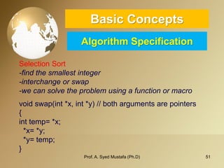 51 
Basic ConceptsAlgorithm Specification 
Selection Sort 
-find the smallest integer 
-interchange or swap 
-we can solve the problem using a function or macro 
void swap(int*x, int*y) // both arguments are pointers 
{ 
inttemp= *x; 
*x= *y; 
*y= temp; 
} 
Prof. A. Syed Mustafa (Ph.D) 
 