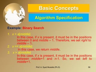 56 
Basic ConceptsAlgorithm Specification 
Example: Binary Search 
1.x < a[middle] 
In this case, if xis present, it must be in the positions between 0 and middle–1. Therefore, we set right to middle–1. 
2.x== a[middle] 
In this case, we return middle. 
3. x> a[middle] 
Inthiscase,ifxispresent,itmustbeinthepositionsbetweenmiddle+1andn-1.So,wesetlefttomiddle+1. 
Prof. A. Syed Mustafa (Ph.D) 
 