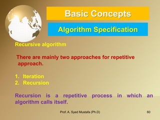 60 
Basic ConceptsAlgorithm Specification 
Recursive algorithm 
Therearemainlytwoapproachesforrepetitive 
approach. 
1.Iteration 
2.Recursion 
Recursionisarepetitiveprocessinwhichanalgorithmcallsitself. 
Prof. A. Syed Mustafa (Ph.D) 
 
