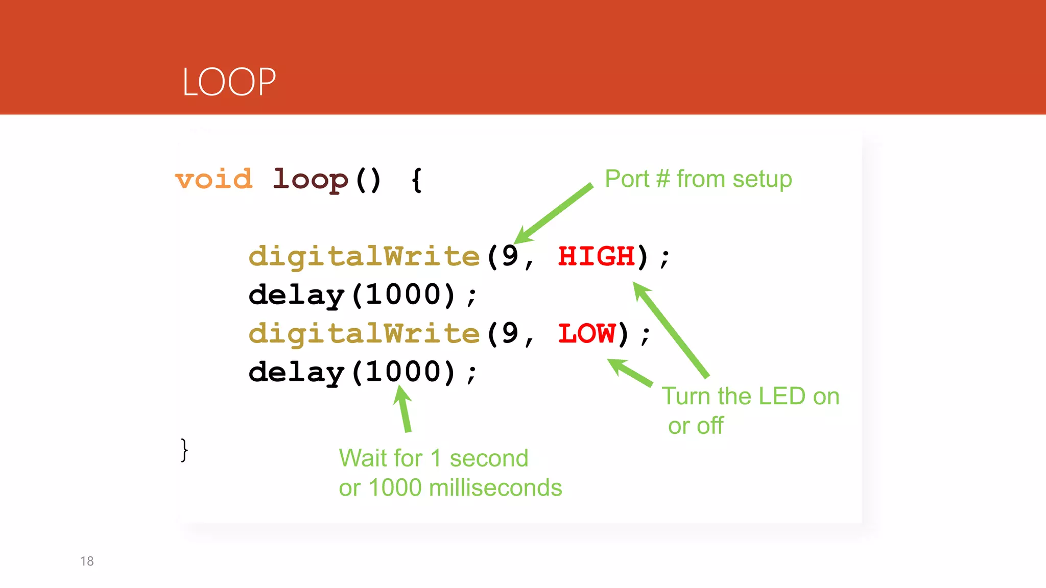 18
void loop() {
digitalWrite(9, HIGH);
delay(1000);
digitalWrite(9, LOW);
delay(1000);
}
LOOP
Port # from setup
Turn the LED on
or off
Wait for 1 second
or 1000 milliseconds
 