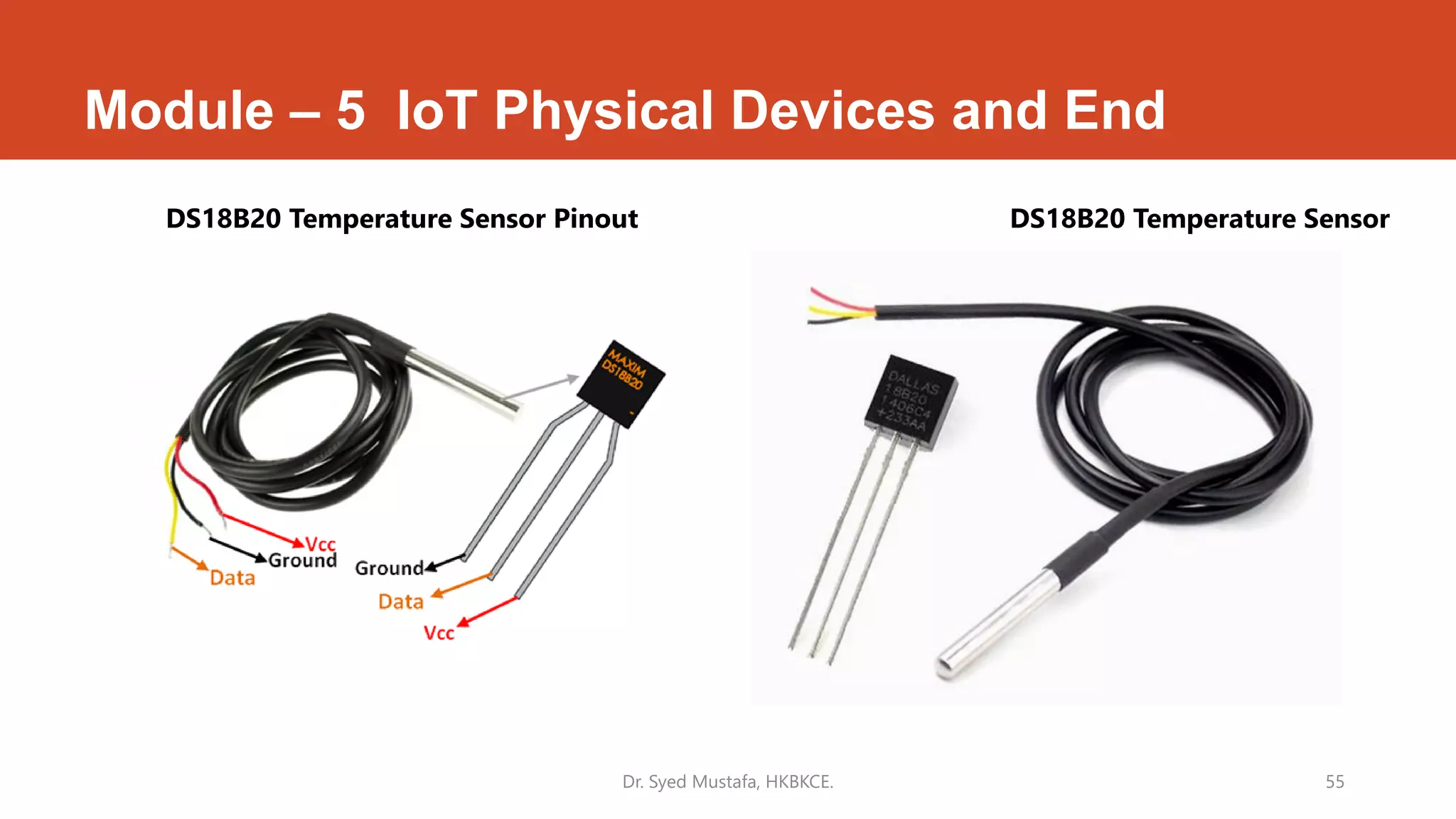 Module – 5 IoT Physical Devices and End
Dr. Syed Mustafa, HKBKCE. 55
DS18B20 Temperature Sensor Pinout DS18B20 Temperature Sensor
 