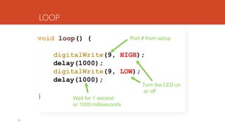 18
void loop() {
digitalWrite(9, HIGH);
delay(1000);
digitalWrite(9, LOW);
delay(1000);
}
LOOP
Port # from setup
Turn the LED on
or off
Wait for 1 second
or 1000 milliseconds
 
