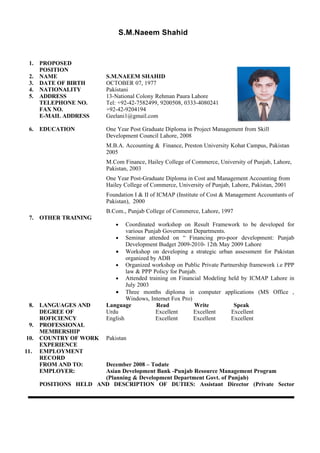 S.M.Naeem Shahid



 1. PROPOSED
    POSITION
 2. NAME                 S.M.NAEEM SHAHID
 3. DATE OF BIRTH        OCTOBER 07, 1977
 4. NATIONALITY          Pakistani
 5. ADDRESS              13-National Colony Rehman Paura Lahore
    TELEPHONE NO.        Tel: +92-42-7582499, 9200508, 0333-4080241
    FAX NO.              +92-42-9204194
    E-MAIL ADDRESS       Geelani1@gmail.com

 6.   EDUCATION          One Year Post Graduate Diploma in Project Management from Skill
                         Development Council Lahore, 2008
                         M.B.A. Accounting & Finance, Preston University Kohat Campus, Pakistan
                         2005
                         M.Com Finance, Hailey College of Commerce, University of Punjab, Lahore,
                         Pakistan, 2003
                         One Year Post-Graduate Diploma in Cost and Management Accounting from
                         Hailey College of Commerce, University of Punjab, Lahore, Pakistan, 2001
                         Foundation I & II of ICMAP (Institute of Cost & Management Accountants of
                         Pakistan), 2000
                         B.Com., Punjab College of Commerce, Lahore, 1997
 7.   OTHER TRAINING
                            •    Coordinated workshop on Result Framework to be developed for
                                 various Punjab Government Departments.
                            • Seminar attended on “ Financing pro-poor development: Punjab
                                 Development Budget 2009-2010- 12th May 2009 Lahore
                            • Workshop on developing a strategic urban assessment for Pakistan
                                 organized by ADB
                            • Organized workshop on Public Private Partnership framework i.e PPP
                                 law & PPP Policy for Punjab.
                            • Attended training on Financial Modeling held by ICMAP Lahore in
                                 July 2003
                            • Three months diploma in computer applications (MS Office ,
                                 Windows, Internet Fox Pro)
 8.   LANGUAGES AND      Language            Read           Write        Speak
      DEGREE OF          Urdu                Excellent      Excellent   Excellent
      ROFICIENCY         English             Excellent      Excellent   Excellent
 9.   PROFESSIONAL
      MEMBERSHIP
10.   COUNTRY OF WORK    Pakistan
      EXPERIENCE
11.   EMPLOYMENT
      RECORD
      FROM AND TO:     December 2008 – Todate
      EMPLOYER:        Asian Development Bank -Punjab Resource Management Program
                       (Planning & Development Department Govt. of Punjab)
      POSITIONS HELD AND DESCRIPTION OF DUTIES: Assistant Director (Private Sector
 
