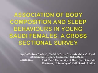 Syeda Fatima Bushra2; Shahida Banu Shamshuddeen2 ; Eyad
Alshammari1; Epuru Suneetha1 Rafia Bano 2
Affiliation: 1Asst. Prof, University of Hail, Saudi Arabia
2Lecturer, University of Hail, Saudi Arabia
 