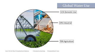 11% Domestic Use
19% Industrial
70% Agriculture
Source: FAO, 2012. Photos: © iStockphoto/Kenneth Wiedemann; © iStockphoto/Courtney Keating; © iStockphoto/Brenda A. Carson
Global Water Use
 
