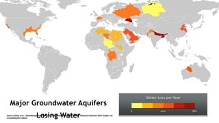Major Groundwater Aquifers
Losing WaterSource: Richey, et al., “Quantifying Renewable Groundwater Stress with GRACE,” Water Resources Research, 2015. Graphic: UC
Irvine/NASA/JPL-Caltech
Water Loss per Year
20+mm1
 