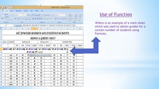 Use of Function
Here is an example of a mark sheet
which was used to obtain grades for a
certain number of students using
Formula.
 