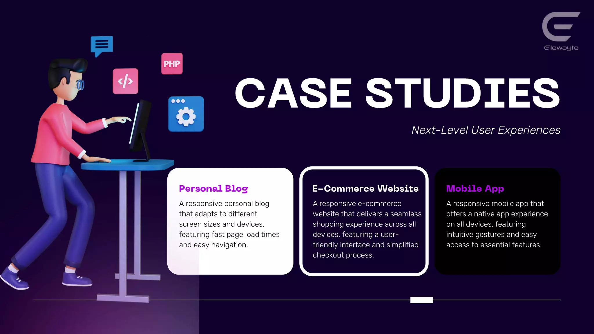 Next-Level User Experiences
A responsive personal blog
that adapts to different
screen sizes and devices,
featuring fast page load times
and easy navigation.
A responsive e-commerce
website that delivers a seamless
shopping experience across all
devices, featuring a user-
friendly interface and simplified
checkout process.
A responsive mobile app that
offers a native app experience
on all devices, featuring
intuitive gestures and easy
access to essential features.
 
