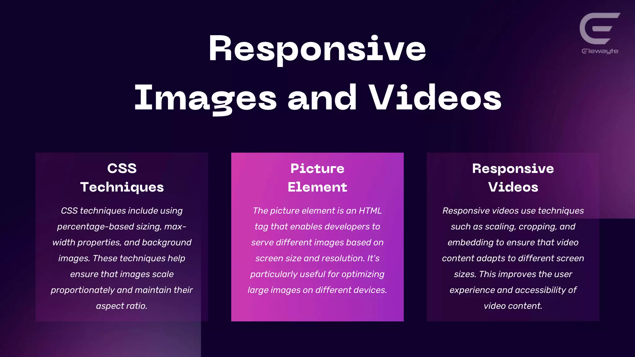 CSS techniques include using
percentage-based sizing, max-
width properties, and background
images. These techniques help
ensure that images scale
proportionately and maintain their
aspect ratio.
The picture element is an HTML
tag that enables developers to
serve different images based on
screen size and resolution. It's
particularly useful for optimizing
large images on different devices.
Responsive videos use techniques
such as scaling, cropping, and
embedding to ensure that video
content adapts to different screen
sizes. This improves the user
experience and accessibility of
video content.
 