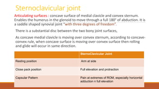 Sternoclavicular joint
Articulating surfaces : concave surface of medial clavicle and convex sternum.
Enables the humerus in the glenoid to move through a full 180° of abduction. It is
a saddle shaped synovial joint “with three degrees of freedom”.
There is a substantial disc between the two bony joint surfaces,
As concave medial clavicle is moving over convex sternum, according to concave-
convex rule, when concave surface is moving over convex surface then rolling
and glide will occur in same direction.
SternoClavicular Joint
Resting position Arm at side
Close pack position Full elevation and protraction
Capsular Pattern Pain at extremes of ROM, especially horizontal
adduction n full elevation
 
