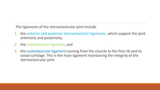 The ligaments of the sternoclavicular joint include
1. the anterior and posterior sternoclavicular ligaments, which support the joint
anteriorly and posteriorly,
2. the interclavicular ligament, and
3. the costoclavicular ligament running from the clavicle to the first rib and its
costal cartilage. This is the main ligament maintaining the integrity of the
sternoclavicular joint.
 