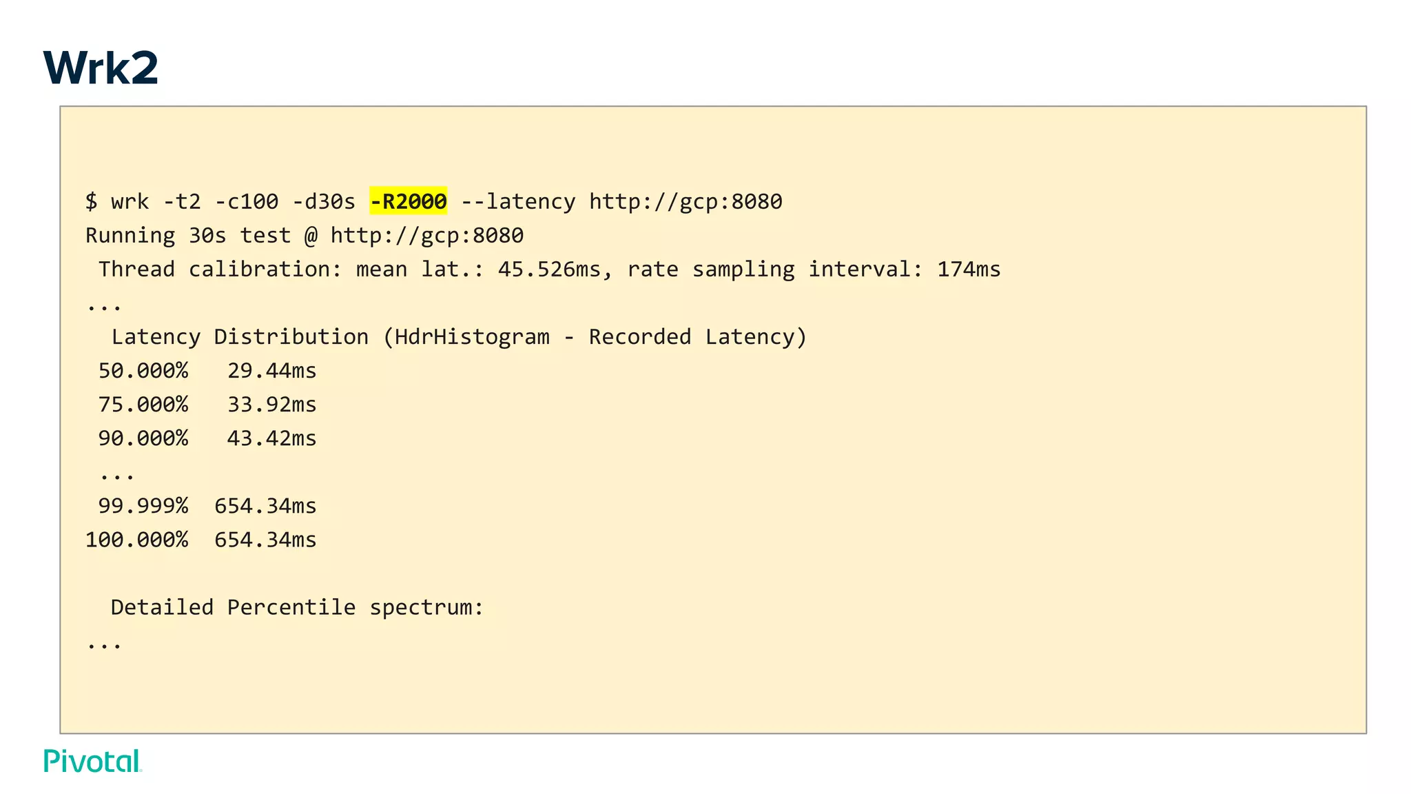 Wrk2
$ wrk -t2 -c100 -d30s -R2000 --latency http://gcp:8080
Running 30s test @ http://gcp:8080
Thread calibration: mean lat.: 45.526ms, rate sampling interval: 174ms
...
Latency Distribution (HdrHistogram - Recorded Latency)
50.000% 29.44ms
75.000% 33.92ms
90.000% 43.42ms
...
99.999% 654.34ms
100.000% 654.34ms
Detailed Percentile spectrum:
...
 