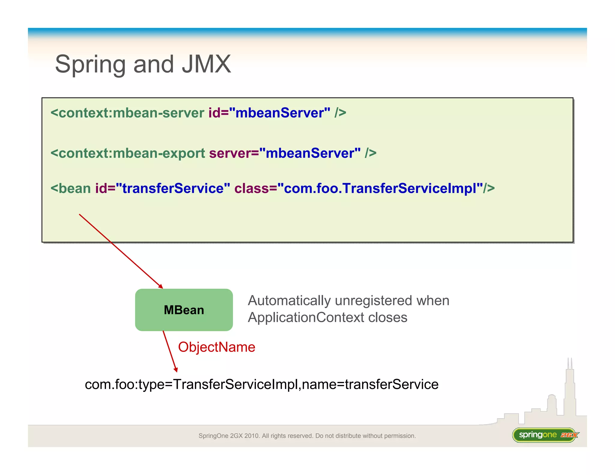 SpringOne 2GX 2010. All rights reserved. Do not distribute without permission.
Spring and JMX
<context:mbean-server id="mbeanServer" />
<context:mbean-export server="mbeanServer" />
<bean id="transferService" class="com.foo.TransferServiceImpl"/>
<context:mbean-server id="mbeanServer" />
<context:mbean-export server="mbeanServer" />
<bean id="transferService" class="com.foo.TransferServiceImpl"/>
MBean
com.foo:type=TransferServiceImpl,name=transferService
ObjectName
Automatically unregistered when
ApplicationContext closes
 