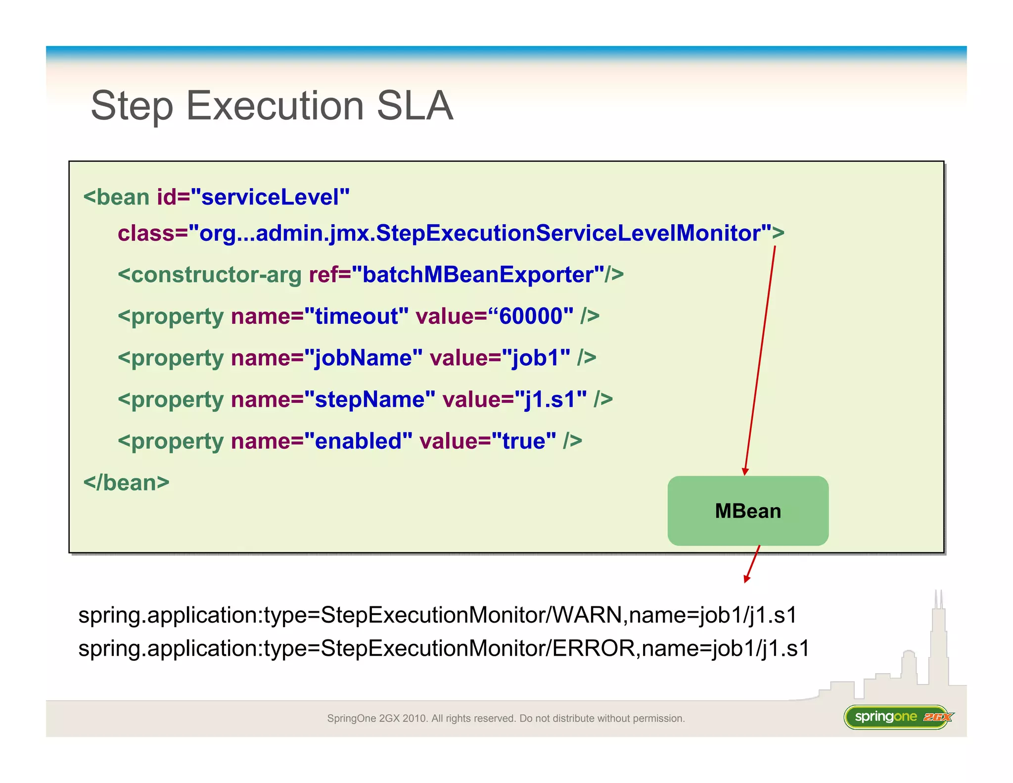 SpringOne 2GX 2010. All rights reserved. Do not distribute without permission.
Step Execution SLA
<bean id="serviceLevel"
class="org...admin.jmx.StepExecutionServiceLevelMonitor">
<constructor-arg ref="batchMBeanExporter"/>
<property name="timeout" value=“60000" />
<property name="jobName" value="job1" />
<property name="stepName" value="j1.s1" />
<property name="enabled" value="true" />
</bean>
<bean id="serviceLevel"
class="org...admin.jmx.StepExecutionServiceLevelMonitor">
<constructor-arg ref="batchMBeanExporter"/>
<property name="timeout" value=“60000" />
<property name="jobName" value="job1" />
<property name="stepName" value="j1.s1" />
<property name="enabled" value="true" />
</bean>
MBean
spring.application:type=StepExecutionMonitor/WARN,name=job1/j1.s1
spring.application:type=StepExecutionMonitor/ERROR,name=job1/j1.s1
 