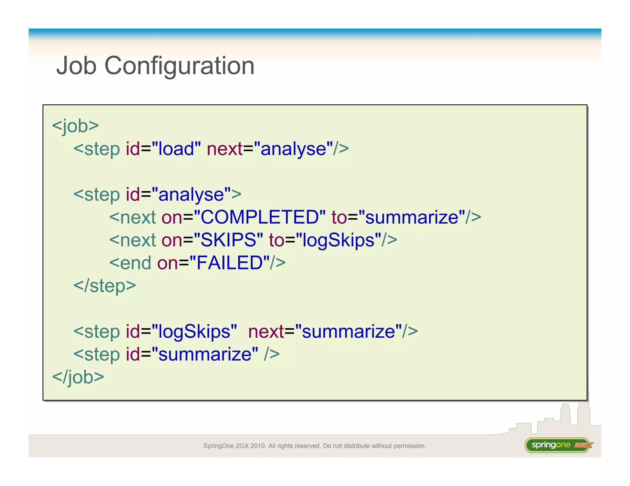 SpringOne 2GX 2010. All rights reserved. Do not distribute without permission.
Job Configuration
<job>
<step id="load" next="analyse"/>
<step id="analyse">
<next on="COMPLETED" to="summarize"/>
<next on="SKIPS" to="logSkips"/>
<end on="FAILED"/>
</step>
<step id="logSkips" next="summarize"/>
<step id="summarize" />
</job>
<job>
<step id="load" next="analyse"/>
<step id="analyse">
<next on="COMPLETED" to="summarize"/>
<next on="SKIPS" to="logSkips"/>
<end on="FAILED"/>
</step>
<step id="logSkips" next="summarize"/>
<step id="summarize" />
</job>
 