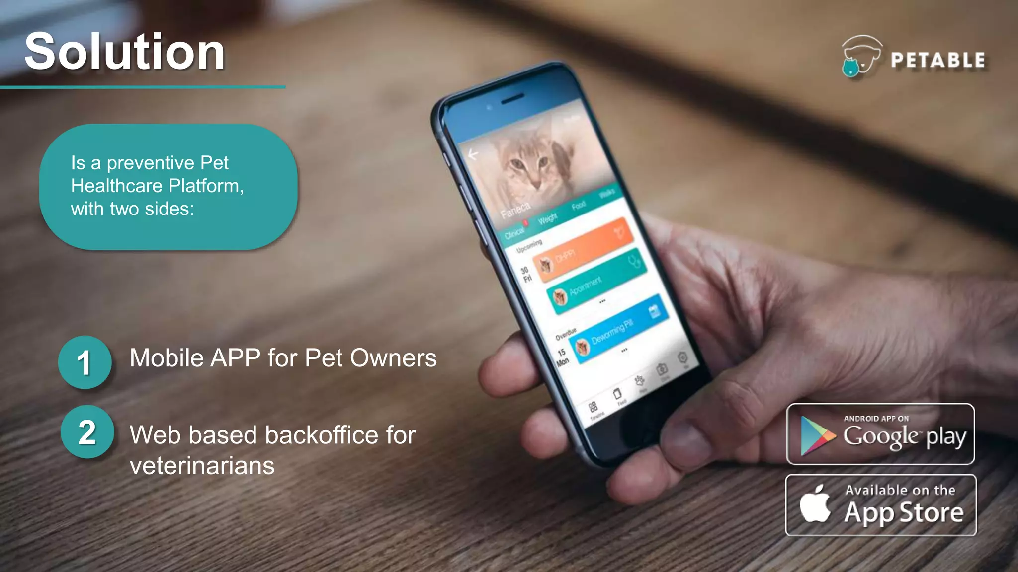 Solution
Is a preventive Pet
Healthcare Platform,
with two sides:
1
2
Mobile APP for Pet Owners
Web based backoffice for
veterinarians