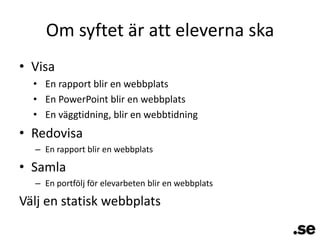 Om syftet är att eleverna skaVisaEn rapport blir en webbplatsEn PowerPoint blir en webbplatsEn väggtidning, blir en webbtidningRedovisaEn rapport blir en webbplatsSamlaEn portfölj för elevarbeten blir en webbplatsVälj en statisk webbplats