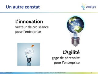 Un autre constat
13/03/2017 Secure Your Growth - Secure Your Portfolio © 3
L’innovation
vecteur de croissance
pour l’entreprise
L’Agilité
gage de pérennité
pour l’entreprise
 