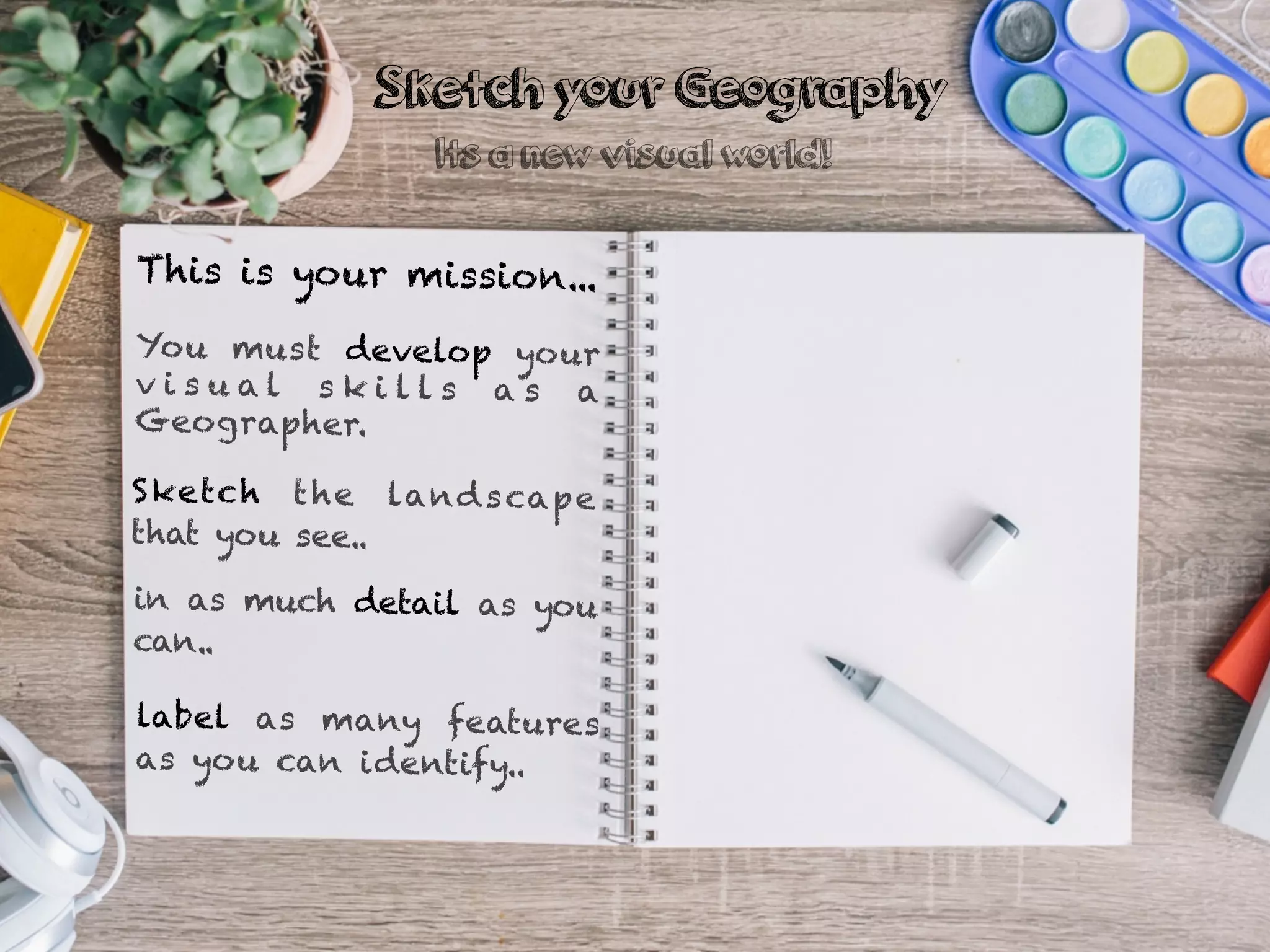 This is your mission...
You must develop your
v i s u a l s k i l l s a s a
Geographer.
Sketch the landscape
that you see..
in as much detail as you
can..
Sketch your Geography
label as many features
as you can identify..
Its a new visual world!
 