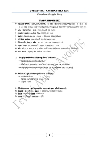 ΟΥΣΙΑΣΤΙΚΑ – ΛΑΤΙΝΙΚΑ (ΝΕΑ ΥΛΗ)
Επιμέλεια: Γεωργία Σόφη
8
ΠΑΡΑΤΗΡΗΣΕΙΣ
 Γενική πληθ. –ium, αιτ. πληθ. –es και –is: 1) τα ισοσύλλαβα σε –is –is 2) –es
–is 3) όσα έχουν δύο τουλάχιστον σύμφωνα πριν την κατάληξη της γεν. εν.
 vis, Samnites –ium : Γεν. πληθ. σε –ium
 mater, pater, sedes: Γεν. πληθ. σε -um
 avis : Aφαιρ. εν. σε –e και –i (βλ. και παραπάνω)
 civitas, aetas: γεν. πληθ. σε –ium και –um
 Neapolis, turris, vis: αιτ. εν. –im και αφαιρ. εν. –i
 opes –um: στον ενικό -, opis, - , opem, - , ope
 vis: vis, -, -, vim, -, vi / vires – virium – viribus – vires –vires –viribus
 nox –ctis: αφαιρ. εν. nocte και noctu
 Χωρίς πληθυντικό (singularia tantum):
—Κύρια ονόματα προσώπων
—Ονόματα φυσικών σωμάτων, φαινομένων και μετάλλων
—Αφηρημένα ονόματα (ανάλογα με τη σημασία στο κείμενο)
 Μόνο πληθυντικού (Pluraria tantum):
— moenia –ium
— fores –ium (σπανια ενικός foris)
— Alpes –ium
 Με διαφορετική σημασία σε ενικό και πληθυντικό:
1) (ops) = βοήθεια - opes = στρατιωτικές δυνάμεις
2) finis = όριο – fines = σύνορα
3) mos = έθιμο – mores = ήθη
 