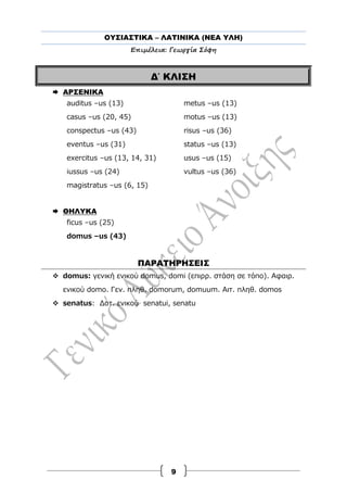 ΟΥΣΙΑΣΤΙΚΑ – ΛΑΤΙΝΙΚΑ (ΝΕΑ ΥΛΗ)
Επιμέλεια: Γεωργία Σόφη
9
Δ΄ ΚΛΙΣΗ
 ΑΡΣΕΝΙΚΑ
auditus –us (13)
casus –us (20, 45)
conspectus –us (43)
eventus –us (31)
exercitus –us (13, 14, 31)
iussus –us (24)
magistratus –us (6, 15)
metus –us (13)
motus –us (13)
risus –us (36)
status –us (13)
usus –us (15)
vultus –us (36)
 ΘΗΛΥΚΑ
ficus –us (25)
domus –us (43)
ΠΑΡΑΤΗΡΗΣΕΙΣ
 domus: γενική ενικού domus, domi (επιρρ. στάση σε τόπο). Αφαιρ.
ενικού domo. Γεν. πληθ. domorum, domuum. Αιτ. πληθ. domos
 senatus: Δοτ. ενικού senatui, senatu
 