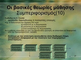 Η μέθοδος του N. Crowder ακολουθεί διακλαδώσεις ή πολλαπλές επιλογές π.χ.  Ο διαλυτότητα του ζάχαρης στο νερό α) αυξάνεται με τη θερμοκρασία β) μειώνεται με τη θερμοκρασία γ) είναι ανεξάρτητη της θερμοκρασίας. Αν ο μαθητής απαντήσει (γ) τότε του δίνεται άλλη ερώτηση, αν απαντήσει (α) διαφορετική από την προηγούμενη κλπ. Δηλαδή:   Ανάλογα με την απάντηση ακολουθείται άλλη διαδρομή (Λήψη αποφάσεων αναφορικά με την ποιότητα των παρεχόμενων απαντήσεων). : Οι βασικές θεωρίες μάθησης Συμπεριφορισμός(10) Ερώτηση- Απάντηση Ερώτηση- Απάντηση Ερώτηση- Απάντηση Ερώτηση- Απάντηση Ερώτηση- Απάντηση Ερώτηση- Απάντηση 