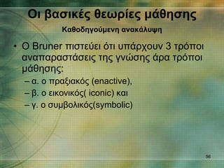Ο  Bruner  πιστεύει ότι υπάρχουν 3 τρόποι αναπαραστάσεις της γνώσης άρα τρόποι μάθησης: α. ο πραξιακός ( enactive) ,  β. ο εικονικός ( iconic)  και  γ. ο συμβολικός (symbolic) Οι βασικές θεωρίες μάθησης   Καθοδηγούμενη ανακάλυψη   