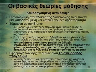 Οι βασικές θεωρίες μάθησης   Καθοδηγούμενη ανακάλυψη   Η ανακάλυψη στα πλαίσια της διδασκαλίας είναι πάντα μια καθοδηγούμενη και κατευθυνόμενη δραστηριότητα Σύμφωνα με τον  Bruner α. Η δομή κάθε επιστήμης περιλαμβάνει βασικές αρχές, οι οποίες άπαξ και γίνουν κτήμα του μαθητή, μπορούν να τον εισαγάγουν στην κατανόηση του σχετικού επιστημονικού πεδίου ως συνόλου.  β. Οι αρχές αυτές μπορούν να διδαχθούν και να γίνουν κτήμα των παιδιών σε οποιαδήποτε φάση της ανάπτυξής τους. Άρα: «οποιοδήποτε αντικείμενο μπορεί να διδαχθεί αποτελεσματικά σε οποιοδήποτε παιδί και σε οποιαδήποτε φάση της ανάπτυξής του, αρκεί αυτό να γίνει σε κάποια κατάλληλη για το γνωστικό επίπεδο του παιδιού μορφή»   Εφαρμογή των   αρχών αυτών είναι  Το σπειροειδές πρόγραμμα   ο μαθητής πρέπει να επανέρχεται από καιρού εις καιρόν σε γενικά θέματα και να ενθαρρύνεται να προσεγγίζει τα θέματα αυτά σε διαφορετικό κάθε φορά επίπεδο αναπαράστασης της γνώσης και σε πιο προχωρημένο επίπεδο ανάλυσης   