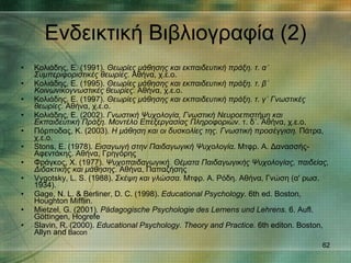 Ενδεικτική Βιβλιογραφία  (2) Κολιάδης, Ε. (1991).  Θεωρίες μάθησης και εκπαιδευτική πράξη. τ. α΄  Συμπεριφοριστικές θεωρίες.  Αθήνα, χ.ε.ο. Κολιάδης, Ε. (1995).  Θεωρίες μάθησης και εκπαιδευτική πράξη. τ. β΄ Κοινωνικογνωστικές θεωρίες.  Αθήνα, χ.ε.ο. Κολιάδης, Ε. (1997).  Θεωρίες μάθησης και εκπαιδευτική πράξη. τ. γ΄ Γνωστικές θεωρίες.  Αθήνα, χ.ε.ο. Κολιάδης, Ε. (2002).  Γνωστική Ψυχολογία, Γνωστική Νευροεπιστήμη και Εκπαιδευτική Πράξη. Μοντέλο Επεξεργασίας Πληροφοριών.  τ. δ΄. Αθήνα, χ.ε.ο. Πόρποδας, Κ. (2003).  Η μάθηση και οι δυσκολίες της. Γνωστική προσέγγιση.  Πάτρα, χ.ε.ο. Stons ,  E . (1978).  Εισαγωγή στην Παιδαγωγική Ψυχολογία . Μτφρ. Α. Δανασσής-Αφεντάκης. Αθήνα, Γρηγόρης Φράγκος, Χ. (1977).  Ψυχοπαιδαγωγική. Θέματα Παιδαγωγικής Ψυχολογίας, παιδείας, Διδακτικής και μάθησης.  Αθήνα, Παπαζήσης Vygotsky ,  L .  S . (1988).  Σκέψη και γλώσσα.  Μτφρ. Α. Ρόδη. Αθήνα, Γνώση (α' ρωσ. 1934). Gage, N. L. & Berliner, D. C. (1998).  Educational Psychology.  6th ed. Boston, Houghton Mifflin.  Mietzel, G. (2001).  Pädagogische Psychologie des Lernens und Lehrens.   6. Aufl. Göttingen, Hogrefe Slavin, R. (2000).  Educational Psychology. Theory and Practice.  6th editon. Boston, Allyn and  Bacon 