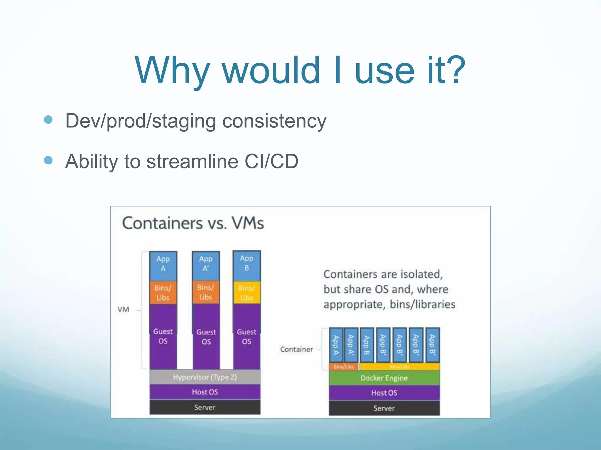 Why would I use it?
 Dev/prod/staging consistency
 Ability to streamline CI/CD
 