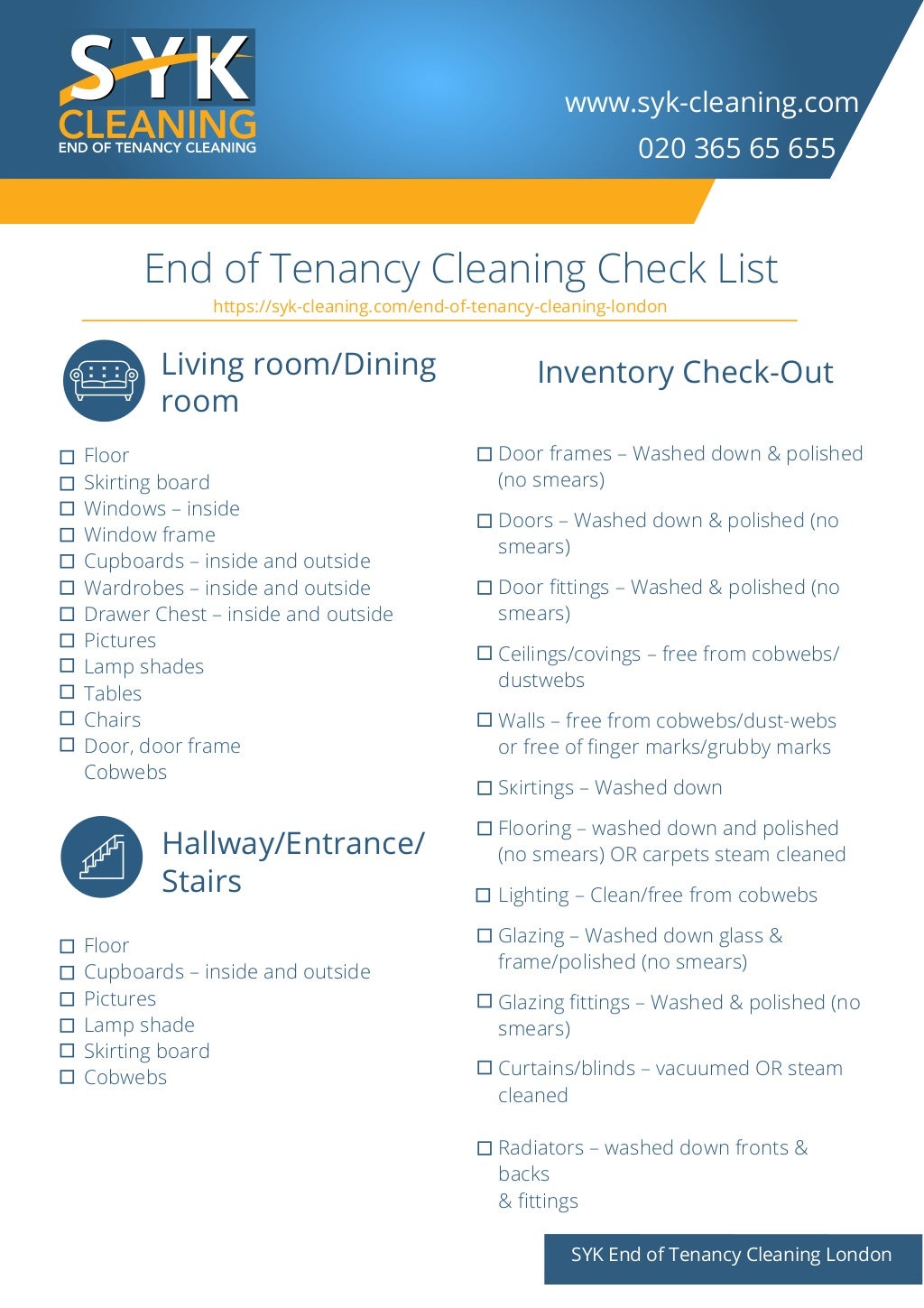 Syk End of Tenancy Cleaning Checklist