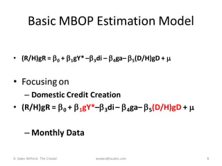 Basic MBOP Estimation Model

• (R/H)gR =  0 +  1gY* – 3di –  4ga–  5(D/H)gD + 


• Focusing on
   – Domestic Credit Creation
• (R/H)gR =  0 +  1gY*– 3di –  4ga–  5(D/H)gD + 


       – Monthly Data

D. Sykes Wilford: The Citadel   wsykes@laudisi.com        8
 