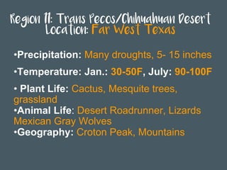 Region 11: Trans Pecos/Chihuahuan Desert
Location: Far West Texas
• Precipitation: Many droughts, 5- 15 inches
• Temperature: Jan.: 30-50F, July: 90-100F
• Plant Life: Cactus, Mesquite trees,
grassland
• Animal Life: Desert Roadrunner, Lizards
Mexican Gray Wolves
• Geography: Croton Peak, Mountains
 