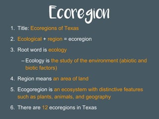 Ecoregion
1.  Title: Ecoregions of Texas
2.  Ecological + region = ecoregion
3.  Root word is ecology
– Ecology is the study of the environment (abiotic and
biotic factors)
4.  Region means an area of land
5.  Ecogoregion is an ecosystem with distinctive features
such as plants, animals, and geography
6.  There are 12 ecoregions in Texas
 