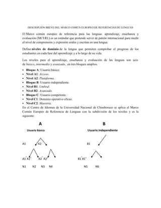DESCRIPCIÓN BREVE DEL MARCO COMÚN EUROPEO DE REFERENCIAS DE LENGUAS
El Marco común europeo de referencia para las lenguas: aprendizaje, enseñanza y
evaluación (MCERL) es un estándar que pretende servir de patrón internacional para medir
el nivel de comprensión y expresión orales y escritas en una lengua.
Define niveles de dominio de la lengua que permiten comprobar el progreso de los
estudiantes en cada fase del aprendizaje y a lo largo de su vida.
Los niveles para el aprendizaje, enseñanza y evaluación de las lenguas son seis:
de básico, intermedio y avanzado, en tres bloques amplios.
 Bloque A: Usuario básico.
 Nivel A1: Acceso.
 Nivel A2: Plataforma.
 Bloque B: Usuario independiente.
 Nivel B1: Umbral.
 Nivel B2: Avanzado.
 Bloque C: Usuario competente.
 Nivel C1: Dominio operativo eficaz.
 Nivel C2: Maestría.
En el Centro de Idiomas de la Universidad Nacional de Chimborazo se aplica el Marco
Común Europeo de Referencia de Lenguas con la subdivisión de los niveles y es la
siguiente:
A B
Usuario Básico Usuario Independiente
A1 A2 B1
A1
-
A1+
A2
-
A2+
B1
-
B1+
N1 N2 N3 N4 N5 N6
 