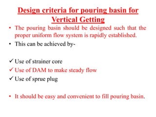 Design criteria for pouring basin for
Vertical Getting
• The pouring basin should be designed such that the
proper uniform flow system is rapidly established.
• This can be achieved by-
✓ Use of strainer core
✓ Use of DAM to make steady flow
✓ Use of sprue plug
• It should be easy and convenient to fill pouring basin.
 