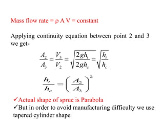 3
2
3 2
2
2
t t
c c
V gh h
A
A V gh h
= = =
Mass flow rate =  A V = constant
Applying continuity equation between point 2 and 3
we get-
2
2
3
t
c
h A
h A
 
=  
 
✓Actual shape of sprue is Parabola
✓But in order to avoid manufacturing difficulty we use
tapered cylinder shape.
 