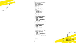 {
"@context": "/api/contexts/Order",
"@id": "/api/orders",
"@type": "hydra:Collection",
"hydra:totalItems": 3,
"hydra:member": [
{
"@id": "/api/orders/1",
"@type": "Order",
"id": 1,
"orderItems": [
"/api/order_items/1",
"/api/order_items/2"
],
"total": 7000
},
{
"@id": "/api/order_items/1",
"@type": "OrderItem",
"id": 1,
"product": "/api/products/1",
"quantity": 2,
"originOrder": "/api/orders/1",
"price": 2000
},
{
"@id": "/api/products/1",
"@type": "Product",
"id": 1,
"name": "T-Shirt",
"price": 1000
},
{
"@id": "/api/order_items/2",
"@type": "OrderItem",
"id": 2,
"product": "/api/products/2",
"quantity": 1,
"originOrder": "/api/orders/1",
"price": 5000
},
{
“…”: “…”
}
]
}
 