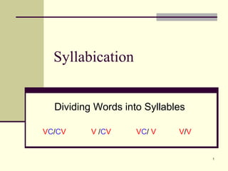 Syllabication
Dividing Words into Syllables
VC/CV V /CV VC/ V V/V
1
 