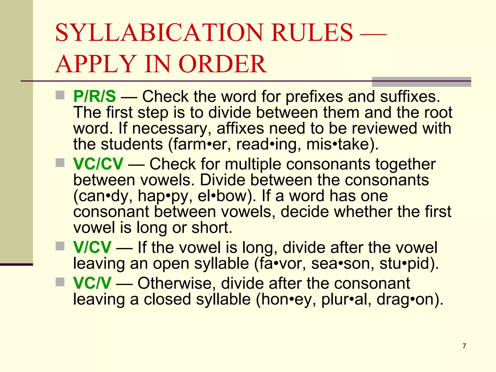 SYLLABICATION RULES — APPLY IN ORDER P/R/S   — Check the word for prefixes and suffixes. The first step is to divide between them and the root word. If necessary, affixes need to be reviewed with the students (farm•er, read•ing, mis•take). VC/CV  — Check for multiple consonants together between vowels. Divide between the consonants (can•dy, hap•py, el•bow). If a word has one consonant between vowels, decide whether the first vowel is long or short. V/CV   — If the vowel is long, divide after the vowel leaving an open syllable (fa•vor, sea•son, stu•pid). VC/V   — Otherwise, divide after the consonant leaving a closed syllable (hon•ey, plur•al, drag•on).  