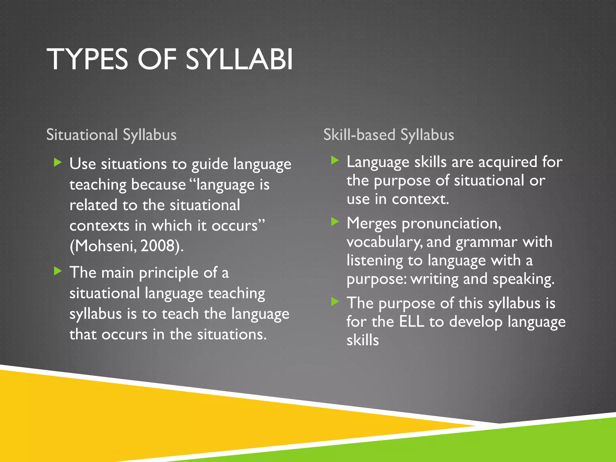 TYPES OF SYLLABI Situational Syllabus Skill-based Syllabus Use situations to guide language teaching because “language is related to the situational contexts in which it occurs” (Mohseni, 2008). The main principle of a situational language teaching syllabus is to teach the language that occurs in the situations. Language skills are acquired for the purpose of situational or use in context.  Merges pronunciation, vocabulary, and grammar with listening to language with a purpose: writing and speaking. The purpose of this syllabus is for the ELL to develop language skills 