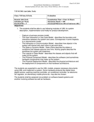 Final 21.07.2010
                             RAJASTHAN TECHNICAL UNIVERSITY
              Detailed Syllabus B.Tech. (Info. Tech.) VII & VIII Sem. 2011-12 onwards


7 IT 8 UML Lab (Info. Tech)

Class: VII Sem. B.Tech.                           Evaluation

Branch: Info.Tech.                                Examination Time = Four (4) Hours
Schedule per Week                                 Maximum Marks = 100
Practical Hrs : 3                                 [Sessional/Mid-term (60) & End-term (40)]
Objectives:
   1. The students shall be able to use following modules of UML for system
      description, implementation and finally for product development.

       -   Capture a business process model.
       -   The User Interaction or Use Case Model - describes the boundary and
           interaction between the system and users. Corresponds in some respects
           to a requirements model.
       -   The Interaction or Communication Model - describes how objects in the
           system will interact with each other to get work done.
       -   The State or Dynamic Model - State charts describe the states or
           conditions that classes assume over time. Activity graphs describe the
           workflows the system will implement.
       -   The Logical or Class Model - describes the classes and objects that will
           make up the system.
       -   The Physical Component Model - describes the software (and sometimes
           hardware components) that make up the system.
       -   The Physical Deployment Model - describes the physical architecture and
           the deployment of components on that hardware architecture.

The students are expected to use the UML models, prepare necessary documents
using UML and implement a system. Some hardware products like digital clock,
digital camera, washing machine controller, air conditioner controller, an electronic
fan regulator, an elementary mobile phone etc. may also be chosen.
The students shall be assigned one problem on software based systems and
another involving software as well as hardware.
 
