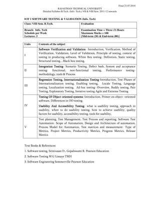 Final 21.07.2010
                              RAJASTHAN TECHNICAL UNIVERSITY
               Detailed Syllabus B.Tech. (Info. Tech.) VII & VIII Sem. 2011-12 onwards


8 IT 1 SOFTWARE TESTING & VALIDATION (Info. Tech)
Class: VIII Sem. B.Tech.                           Evaluation

Branch: Info. Tech                                 Examination Time = Three (3) Hours
Schedule per Week                                  Maximum Marks = 100
Lectures: 3                                        [Mid-term (20) & End-term (80)]

Units      Contents of the subject
           Software Verification and Validation Introduction, Verification, Method of
                                        Validation-
           Verification, Validation, Level of Validation, Principle of testing, context of
I
           testing in producing software, White Box testing- Definition, Static testing,
           Structural testing, , Black box testing,
           Integration Testing Scenario Testing, Defect bash, System and acceptance
                       Testing-
II         testing- functional, non-functional testing, Performance testing-
           methodology, tools & Process
                                                      Testing-Introduction, Test Phases of
           Regression Testing, Internationalization Testing
           Internationalization testing, Enabling testing, Locale Testing, Language
III
           testing, Localization testing, Ad-hoc testing- Overview, Buddy testing, Pair
           Testing, Exploratory Testing, Iterative testing Agile and Extreme Testing
           Testing Of Object oriented systems: Introduction, Primer on object –oriented
                      Object-oriented
           software, Differences in OO testing.
IV         Usability And Accessibility Testing what is usability testing, approach to
                                            Testing-
           usability, when to do usability testing, how to achieve usability, quality
           factors for usability, accessibility testing, tools for usability,
           Test planning, Test Management, Test Process and reporting, Software Test
           Automation- Scope of Automation, Design and Architecture of automation,
V          Process Model for Automation, Test matrices and measurement- Type of
           Metrics, Project Metrics, Productivity Metrics, Progress Metrics, Release
           Metrics


Text Books & References:
1. Software testing, Srinivasan D., Gopalswami R. Pearson Education
2. Software Testing M G Limaye TMH
3 .Software Engineering Sommerville Pearson Education
 