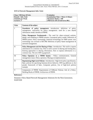 Final 21.07.2010
                                 RAJASTHAN TECHNICAL UNIVERSITY
                  Detailed Syllabus B.Tech. (Info. Tech.) VII & VIII Sem. 2011-12 onwards


8 IT 4.2 Network Management (Info. Tech)

Class: VIII Sem. B.Tech.                              Evaluation
Branch: Info. Tech                                    Examination Time = Three (3) Hours
Schedule per Week                                     Maximum Marks = 100
Lectures: 3                                           [Mid-term (20) & End-term (80)]


Units         Contents of the subject
I             Foundation of policy management: introduction, definition of policy
              management, motivation for policy management, need for a new shared
              information model, benefits of PBNM.
              Policy Management Fundamentals : The need for object-oriented analysis,
              design, and modeling in PBNM systems, Conceptual policy model, Definition of
              PBNM system, Policy terminology, Essential terminology for PBM system, new
              terminology not covered in RFC198, Definition of policy-based management &
              network management.
II            Policy Management and the Sharing of Data : introduction- The need to express
              information in a common way, How to solve current in sharing and reusing data,
              Existing approaches to sharing information, How to express information in a
              common way, The new DEN-ng approach,
III           Policy Operation in a PBNM System : Policy communication, General
              management issues, Policy operation, Musings on implementation
IV            Representing High-Level Policies : Introduction- High-level policy specification,
                            High-        Policies
              Basic policies for specifying business-driven behavior, DEN-ng additions to the
              ponder framework of basic, Composite policies, Use of high-level policies
              example
V             Components of PBNM: Requirements of Different Policies, Life of a Policy,
              Building Blocks of PBNM, Architecture of PBNM.
References:
Strassner, Policy Based Network Management: Solutions for the Next Generation,
ELSEVIER
 